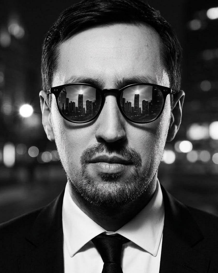 Black-and-white portrait of Vadim Divakov at night, a city skyline reflected in his sunglasses